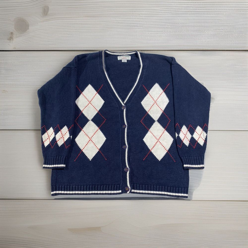 Melbourne Classix Ramie Blend Cardigan Sweater Buttons Argyle V-Neck Women L Vtg
